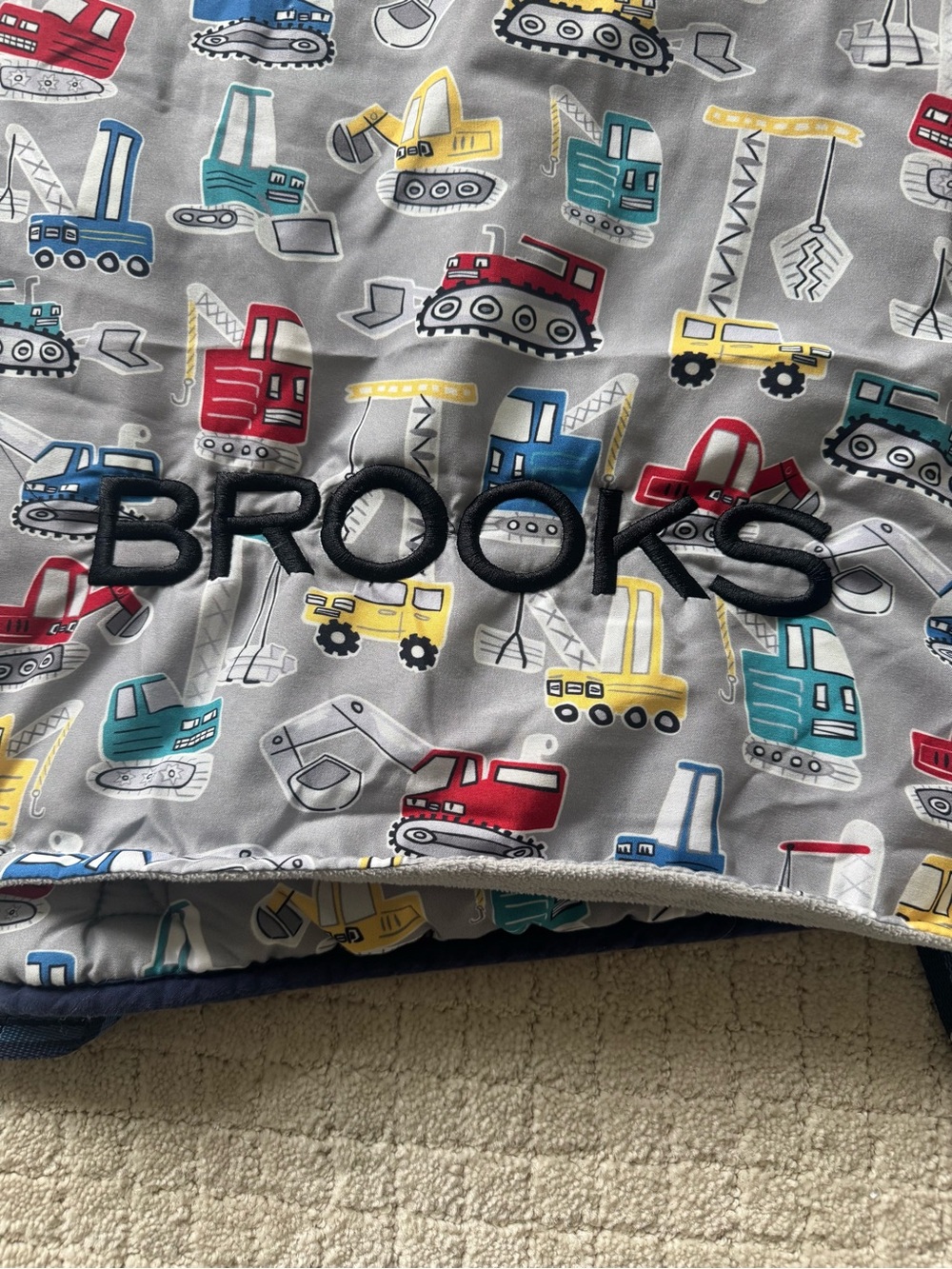 Pottery Barn Kids Gray Construction Vehicles “Brooks” Monogrammed Nap Mat - Picture 4 of 7
